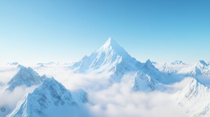Naklejka premium A majestic snow-covered mountain range with the highest peak reaching into the clouds, surrounded by other mountains, and viewed from an aerial perspective
