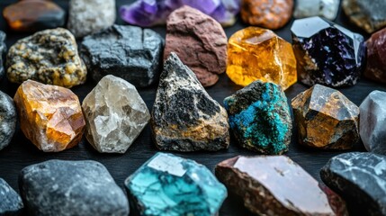 Assortment of mineral stones and rocks on a table, close-up, rough and raw natural crystals with different colors and textures, geology collection