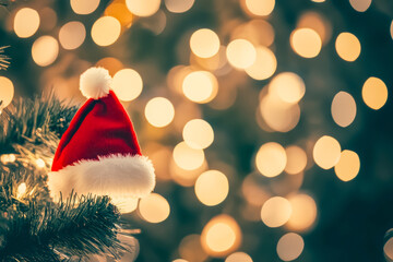 Santa hat hanging on a Christmas tree branch