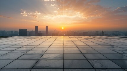 Fototapeta premium Empty square floor with city skyline background, Community Supportive Housing Program, dusk