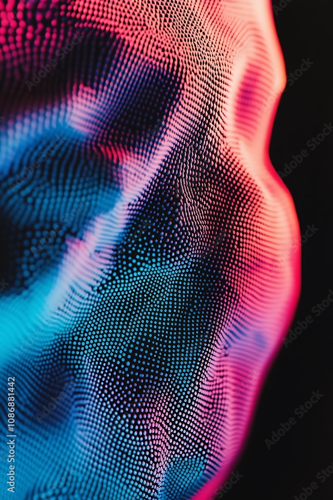 Poster vibrant abstract pattern of dots in pink and blue shades creating a wavy texture against a dark back