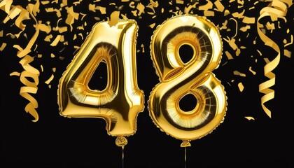 Gold birthday / anniversary balloon, number 48, black background with confetti