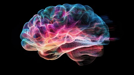 Brain waves shown as colorful frequency patterns overlaid on a transparent brain model, ideal for EEG research visuals or mental health apps.