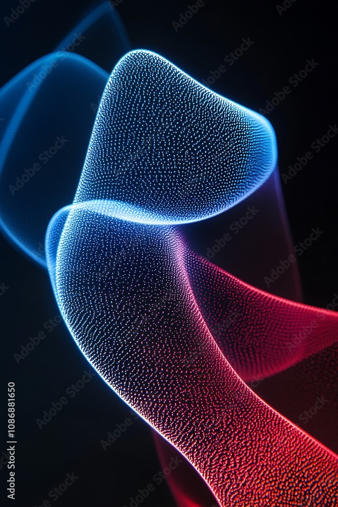 Poster vibrant abstract wave forms in blue and red colors on a dark background, creating a dynamic and flui