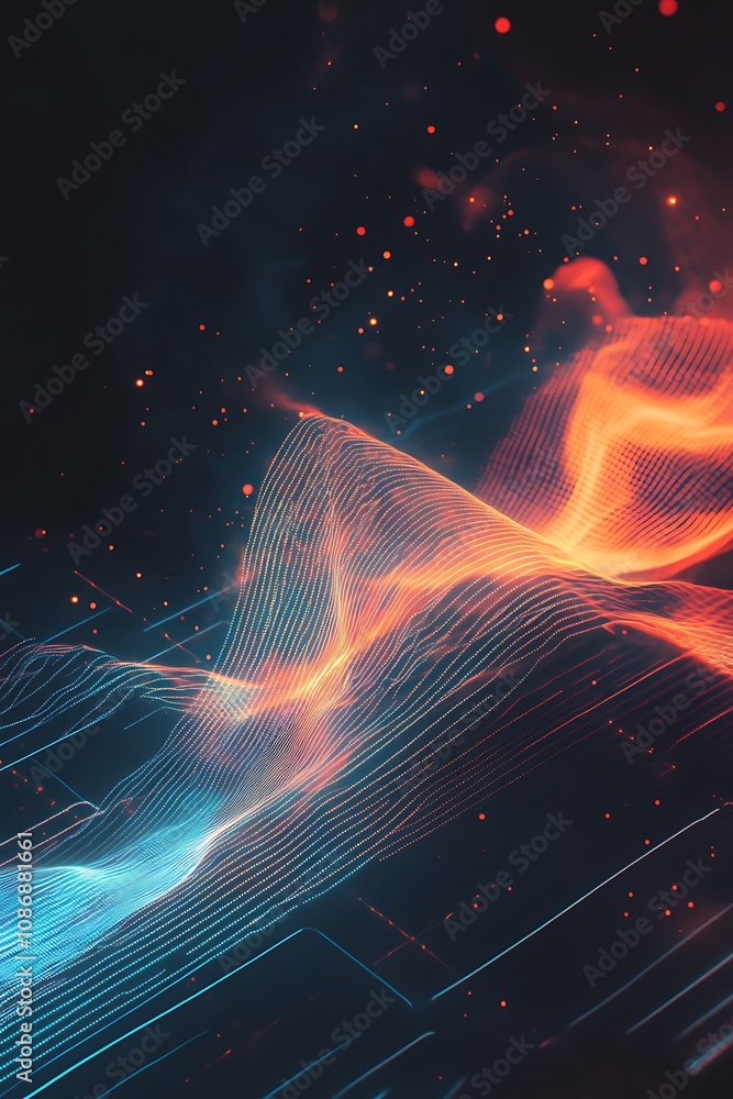 Poster vibrant abstract waves of light and color with energetic sparks creating a stunning digital landscap