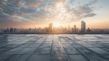Empty square floor with city skyline background, Community Supportive Housing Program, dusk