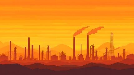 Mesmerizing Sunset Over a Vast Industrial Refinery Complex with Majestic Smokestacks. Fuel Processing Technology Concept