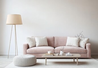 Minimalist Living Room Design with Pink Velvet Sofa and Modern Accents