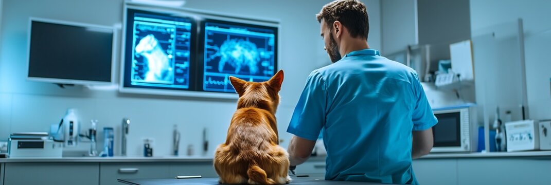 A male veterinarian in blue scrubs examines X-rays with a Corgi companion at his side in a modern animal clinic.