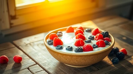 A bowl of creamy yogurt topped with fresh red and blue berries, bathed in the warm glow of morning sunlight, sitting on a rustic wooden table