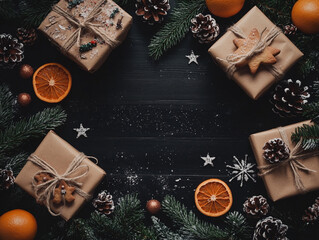 Design a cozy winter scene featuring a cheerful snowman with an orange knitted hat and scarf, surrounded by festive decorations. Include glowing candles, snow-dusted pine branches, red berries, and sm