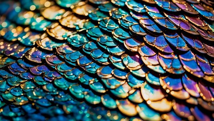 Obraz premium A vibrant close-up of an abstract pattern resembling iridescent scales, featuring bright blue, gold, and orange hues with metallic highlights.