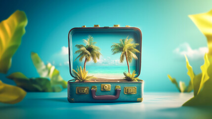 Fototapeta premium An open suitcase revealing an exotic destination inside. Suitcase being a portal to an exotic getaway. Travel concept