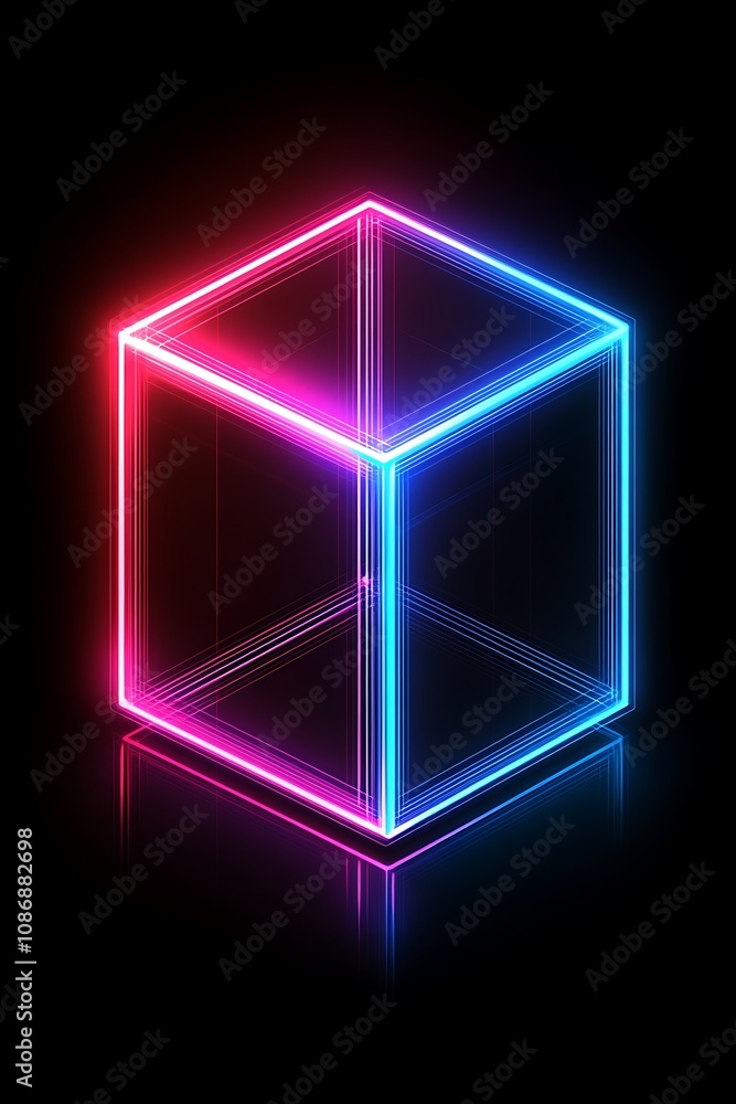 Aufkleber Vibrant Neon Cube Design with Glowing Edges on a Black Background Perfect for Modern Graphics and Digital Art Projects