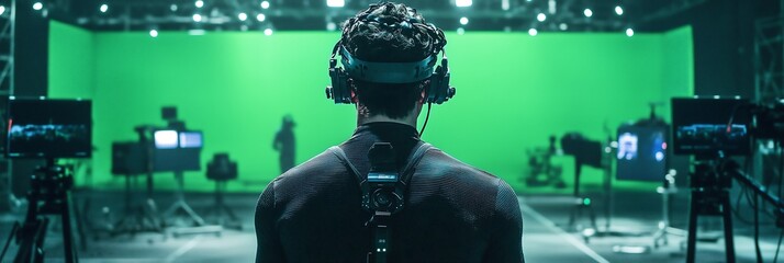 Male actor in motion capture suit prepares for a virtual reality scene in a high-tech studio.