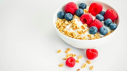 A simple and refreshing bowl of yogurt topped with granola, raspberries, and blueberries, a perfect start to the day.