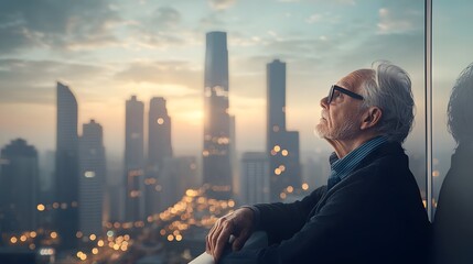 Elderly Man Gazing Thoughtfully from His Balcony Overlooking a Bustling Cityscape at Dusk with Sparkling City Lights and a Majestic Skyline
