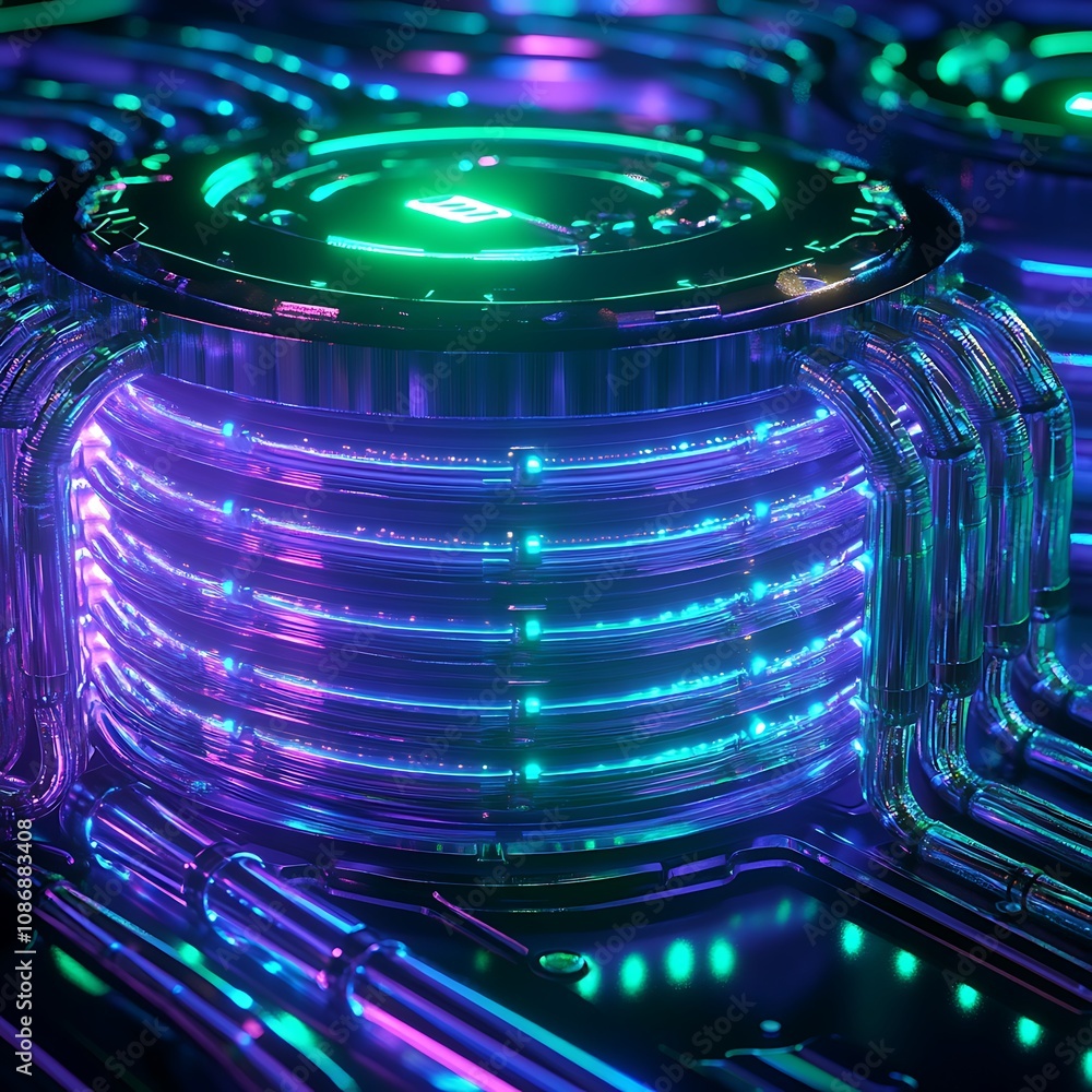 Poster futuristic circuit board design with glowing elements in vibrant colors, ideal for technology, innov