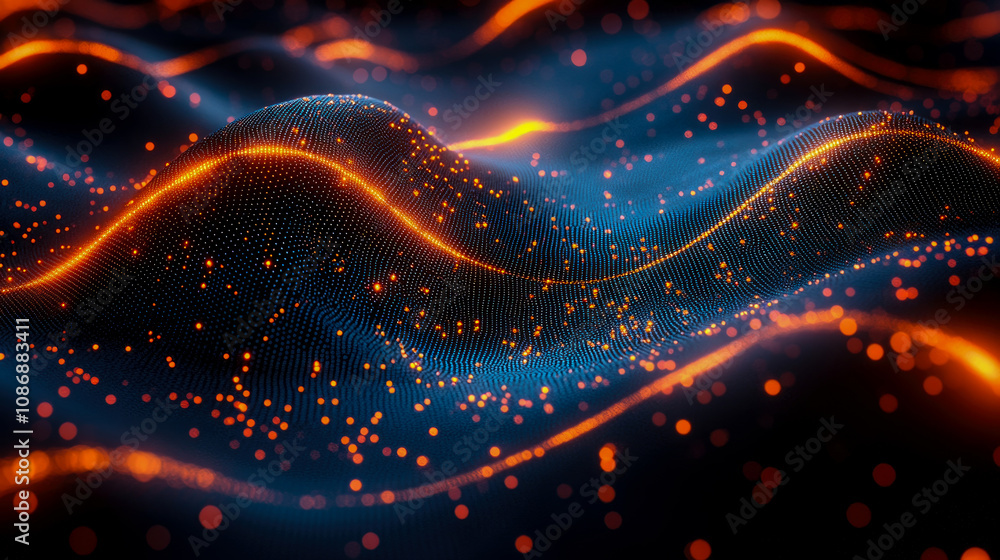 Poster glowing orange particles are softly floating above a textured surface of dark blue digital waves, cr