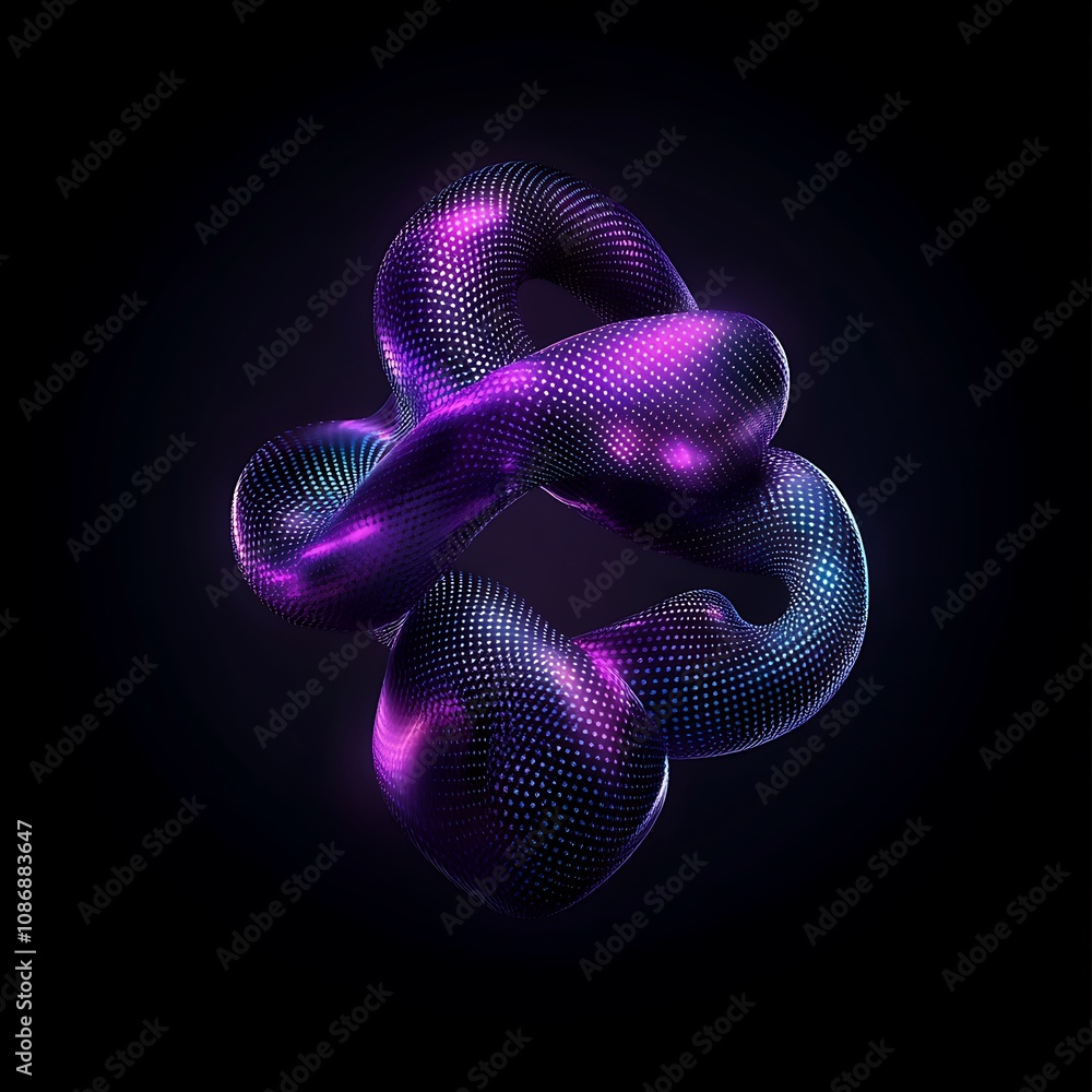 Poster abstract 3d colorful shape with illuminated dots and swirling forms on black background, creating a 