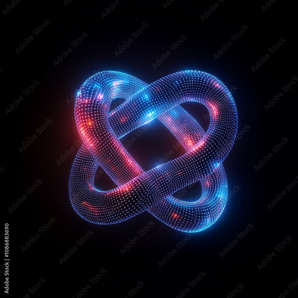 Poster abstract 3d digital art representation of a colorful knotted shape constructed from glowing dots and