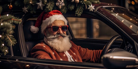 Obraz premium Stylish Santa Claus sits behind the wheel of a car decorated with festive fir branches, Christmas greeting car. 