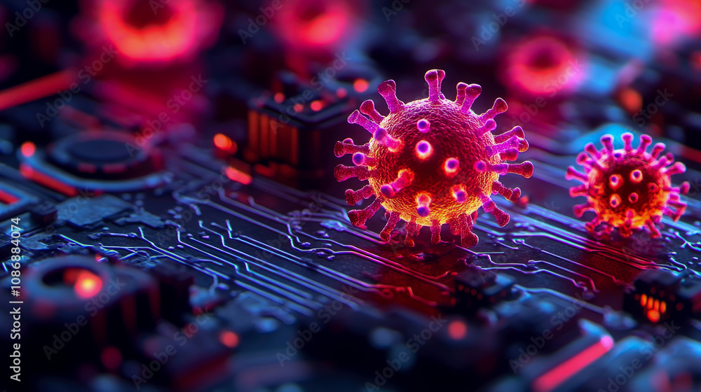 Poster this visual depicts colorful viruses overlaid on a circuit board, symbolizing the connection between