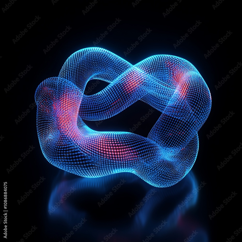 Poster abstract 3d of a colorful knot structure with blue and red light effects set against a dark backgrou
