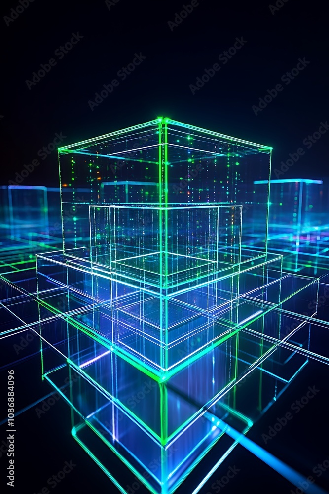 Poster abstract 3d structure with neon lights and digital patterns representing technology, innovation, and