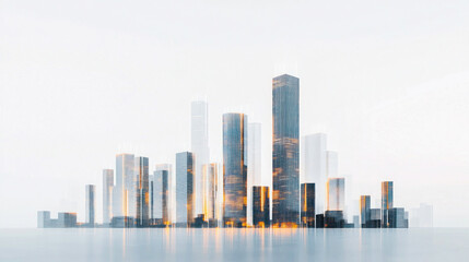 Fototapeta premium Futuristic skyline reflecting on water surface at sunrise