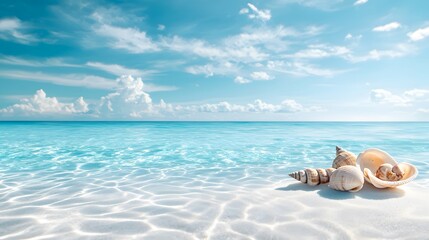 Obraz premium A Serene and Vibrant Beach Scene with Clear Blue Water, Seashells on White Sand, and Soft Clouds Enhancing the Beauty of a Perfect Coastal Day