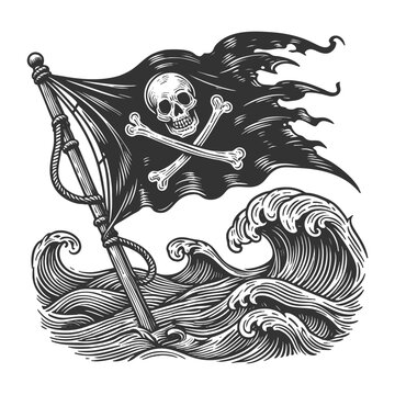 pirate flag with skull and crossbones waving over turbulent ocean waves. Stars fill the night sky sketch engraving generative ai vector illustration. Scratch board imitation. Black and white image.