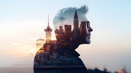 Contemplative Man Gazes Toward Distant Cityscape at Sunset in Artistic Double Exposure Photography Representing Dreams and Urban Life