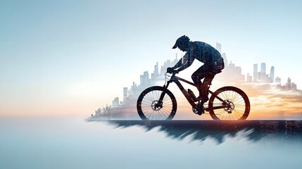 Double Exposure Image of a Cyclist Pedaling Against a City Skyline with a Beautiful Sunset Glow in the Background