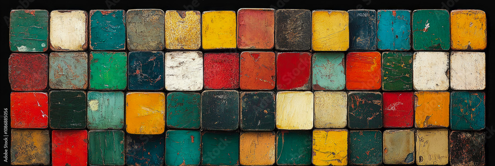 Poster a vibrant arrangement of worn wooden blocks in multiple colors is displayed against a black backdrop