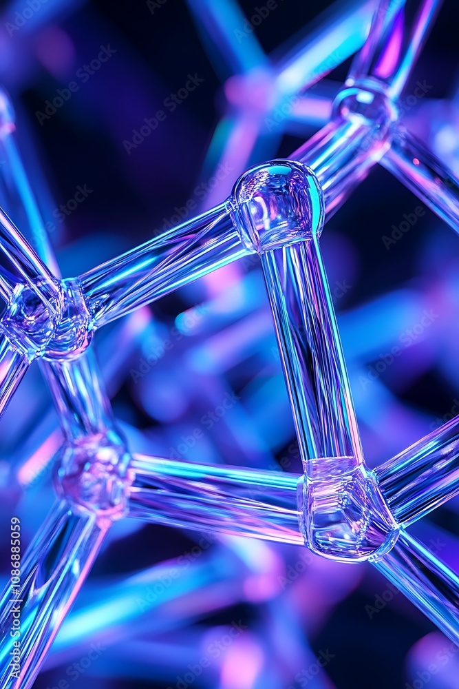 Poster abstract close-up of colorful molecular structure with glowing transparent nodes and interconnected 