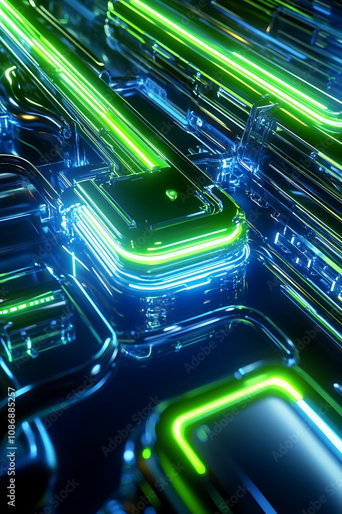 Poster Abstract Close-Up of Futuristic Neon Circuit Board with Shiny Surfaces and Vibrant Colors Highlighting Technology and Innovation in Digital Design