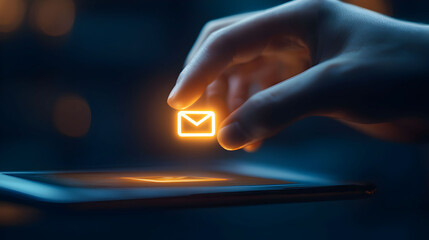 A hand holding an illuminated email icon above a smartphone, symbolizing digital communication and connectivity in a modern tech environment.