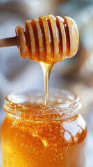 Honey dripping from wooden dipper into glass jar in kitchen