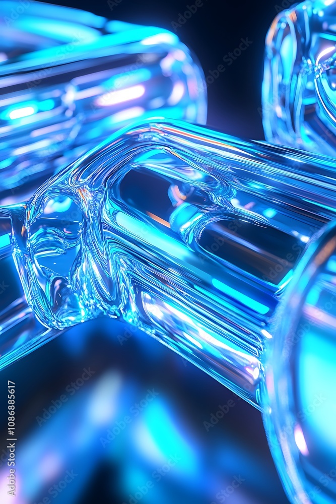 Poster abstract close-up of interconnected glass tubes in vibrant blue light reflecting beautiful patterns 