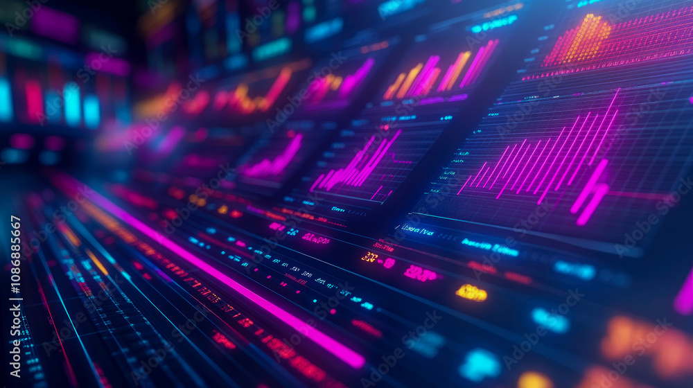 Poster brightly colored graphs and charts appear on a digital display, showcasing financial data analysis w