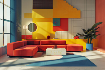 A minimalist room with geometric furniture and bold color contrasts.