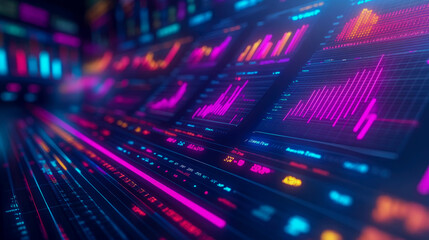 Obraz premium Brightly colored graphs and charts appear on a digital display, showcasing financial data analysis within a contemporary workspace at night