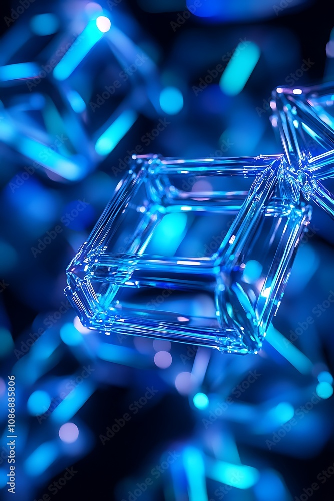 Poster abstract close-up of transparent cubes in vibrant blue color with bokeh effect, creating a sci-fi an