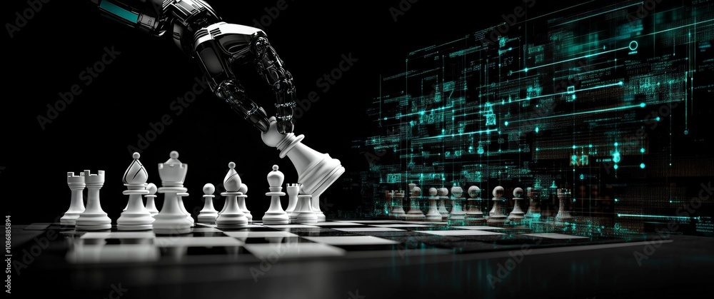 Poster futuristic robotic arm playing chess with ai demonstrating advanced technology and strategy
