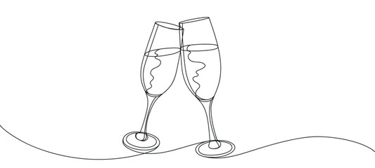 Simple one line drawing of champagne glasses. Festive outline glasses. Clinking glasses for Christmas, New Year, birthday and other holidays