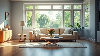 Sunlight streams through large windows illuminating a cozy living room with a beige sofa, a coffee table with a vase of flowers, a side table, and a rug on a wooden floor.