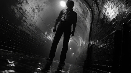 A man stands alone in a dimly lit tunnel, surrounded by damp walls, as fog envelops the space, creating an eerie atmosphere