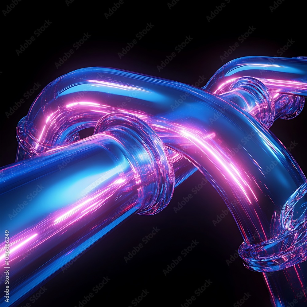 Poster abstract colorful tubes intertwined with neon glow on dark background, creating a futuristic and mod