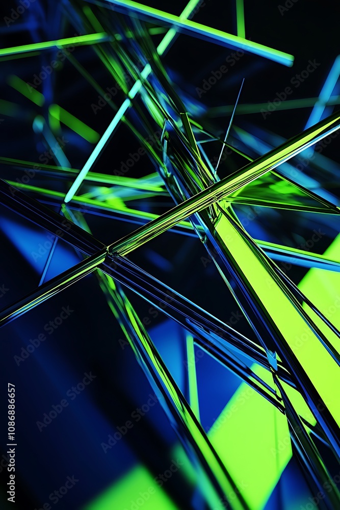 Poster abstract composition of colorful metallic strands with blue and green lighting creating a dynamic vi